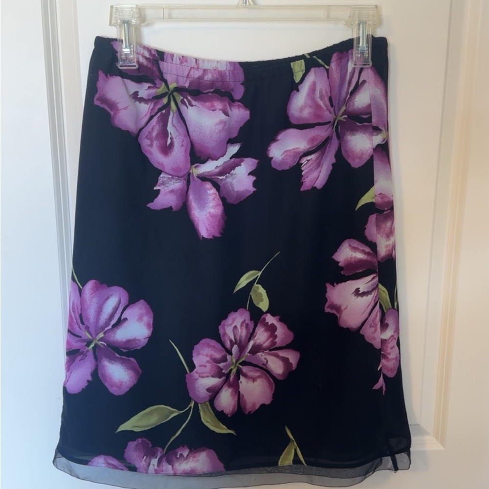 VINTAGE George Black Skirt with Purple Floral Design